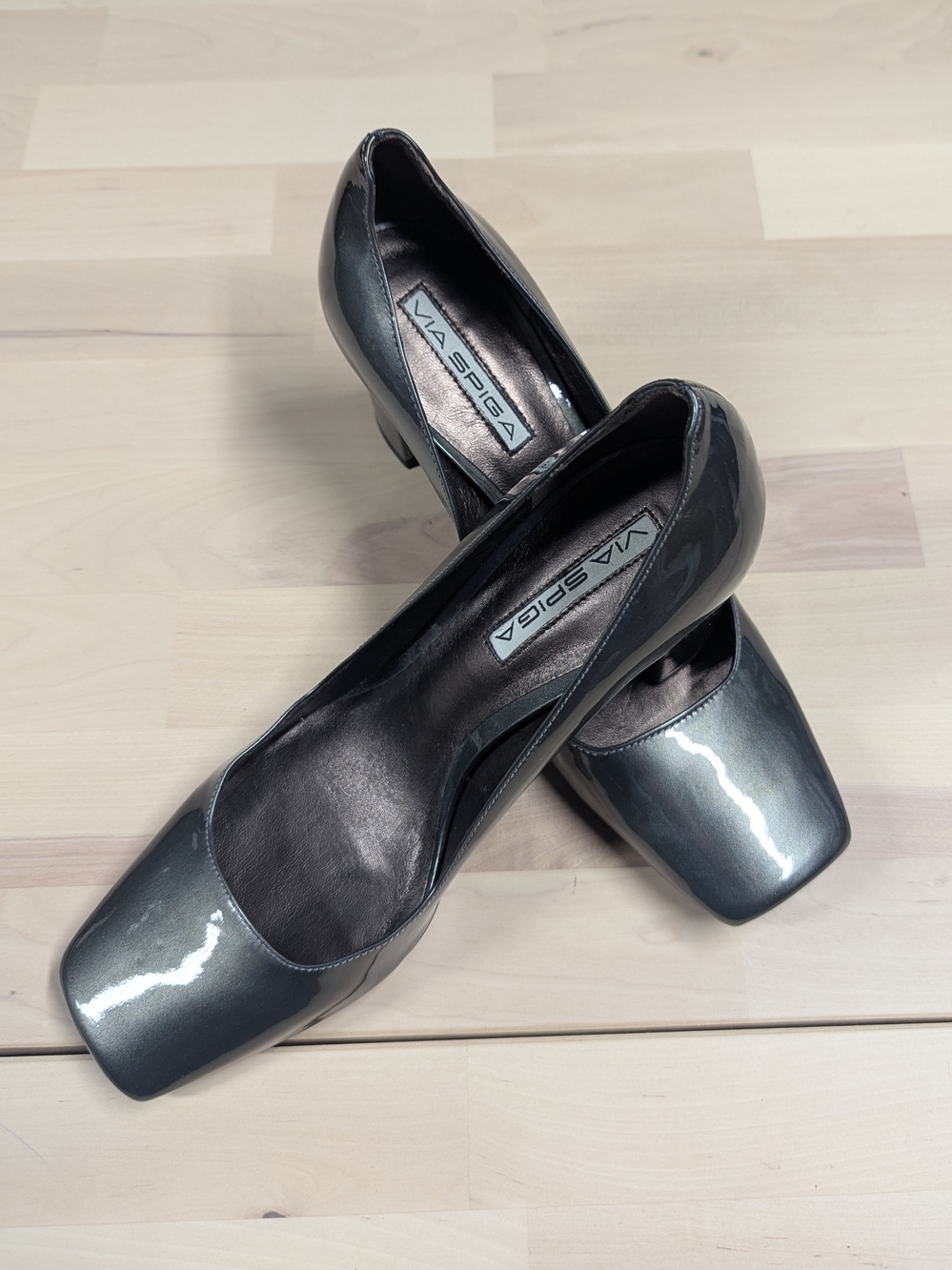 Via Spiga Metallic Charcoal Square-Toe Patent Pumps
